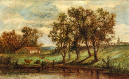 Picture of UNTITLED, MAN WITH COWS GRAZING NEAR POND WITH HOUSE AND TREES IN BACKGROUND