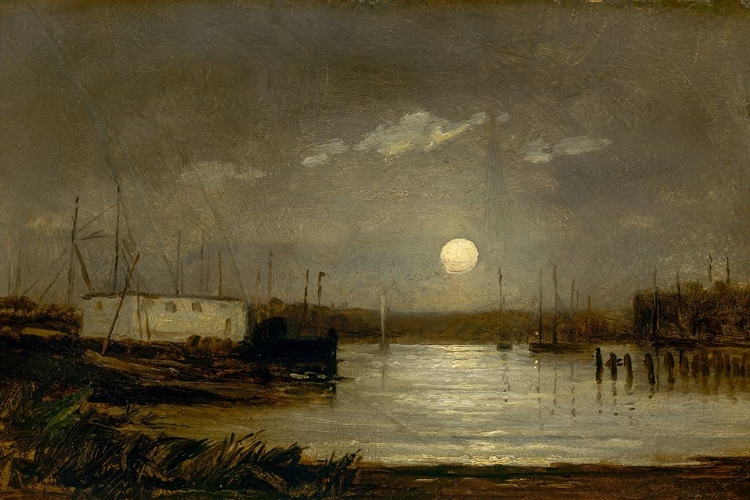 Picture of UNTITLED, MOON OVER A HARBOR, WHARF SCENE WITH FULL MOON AND MASTS OF BOATS CA 1868