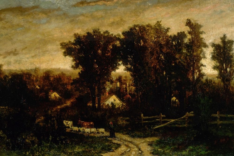 Picture of UNTITLED, WOMAN WITH CATTLE AND SHEEP AT DUSK