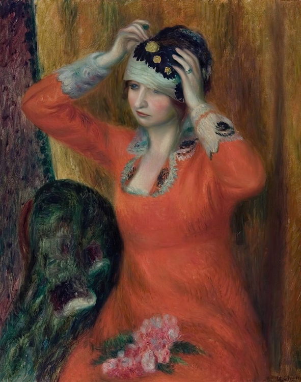 Picture of GIRL IN RED DRESS PINNING ON HAT CA 1915
