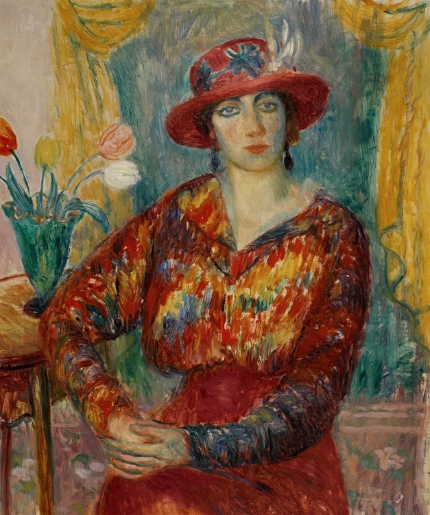 Picture of WOMAN IN RED BLOUSE WITH TULIPS CA 1913