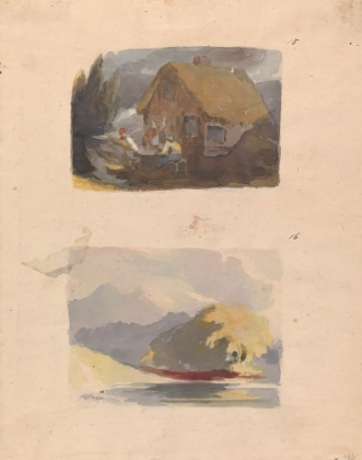 Picture of COTTAGE WITH FIGURES IN FRONT NO. 15, LANDSCAPE WITH RIVER AND MOUNTAINS SUNSHINE NO. 16