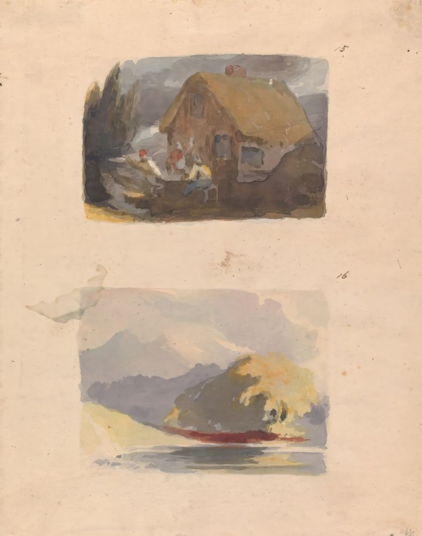 Picture of COTTAGE WITH FIGURES IN FRONT NO. 15, LANDSCAPE WITH RIVER AND MOUNTAINS SUNSHINE NO. 16