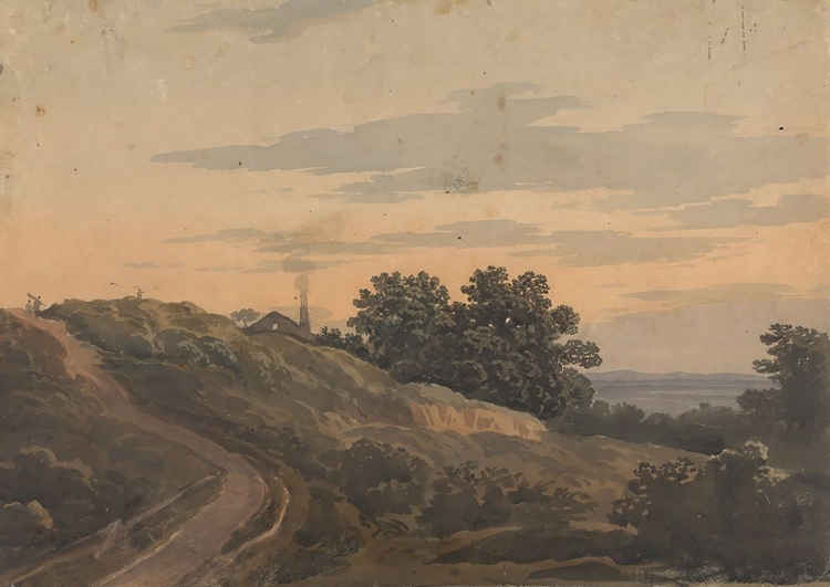 Picture of HILLY LANDSCAPE WITH HOUSE, PATH, AND FIGURES