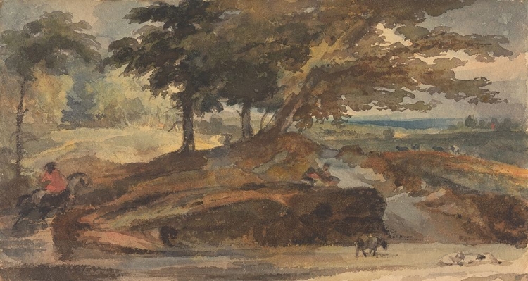 Picture of LANDSCAPE WITH KNOLL WITH TREES, FIGURE ON HORSEBACK
