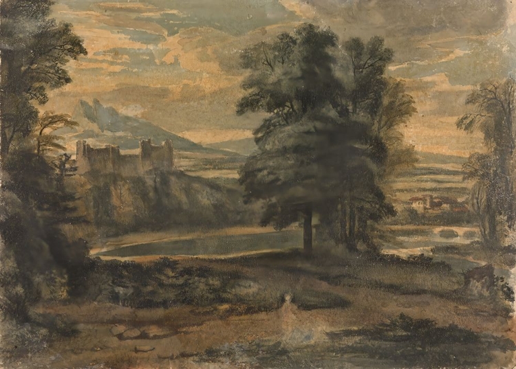 Picture of LANDSCAPE WITH MOUNTAINS, CASTLE, TREES AND LAKE