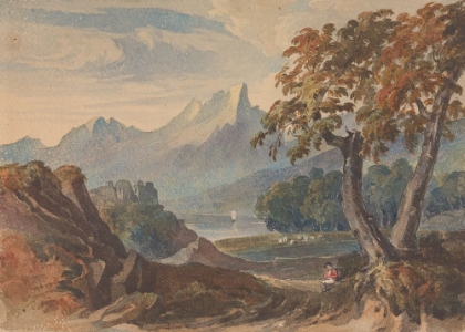 Picture of LANDSCAPE WITH MOUNTAINS, LAKE CASTLE, SEATED FIGURE IN FOREGROUND 1834