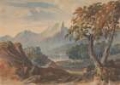 Picture of LANDSCAPE WITH MOUNTAINS, LAKE CASTLE, SEATED FIGURE IN FOREGROUND 1834