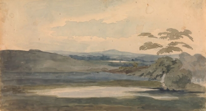 Picture of LANDSCAPE WITH TREES AND MOUNTAINS, LAKE IN FOREGROUND