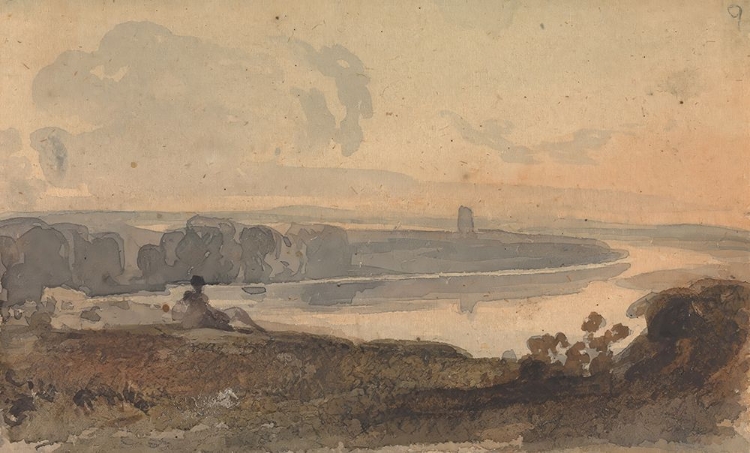 Picture of LANDSCAPE, WITH WINDING RIVER, FIGURE ON HILL IN FOREGROUND