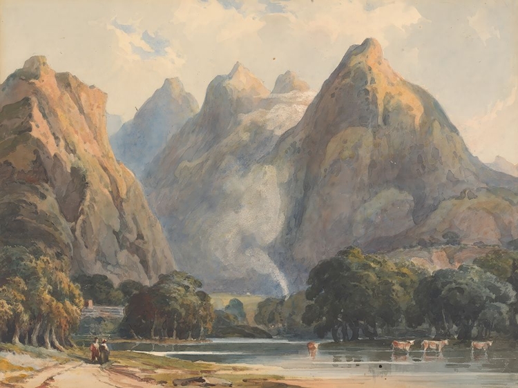 Picture of MOUNTAIN SCENE WITH STREAM, COWS AND FIGURES