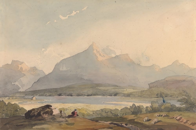 Picture of MOUNTAINOUS LANDSCAPE WITH LAKE AND FIGURE IN FOREGROUND