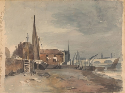 Picture of SHORE SCENE WITH BUILDINGS AND BOATS