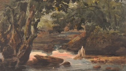 Picture of TWO FIGURES IN STREAM, BORDERED BY LARGE TREES