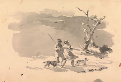 Picture of TWO HUNTERS AND TWO DOGS IN WINTER SCENE