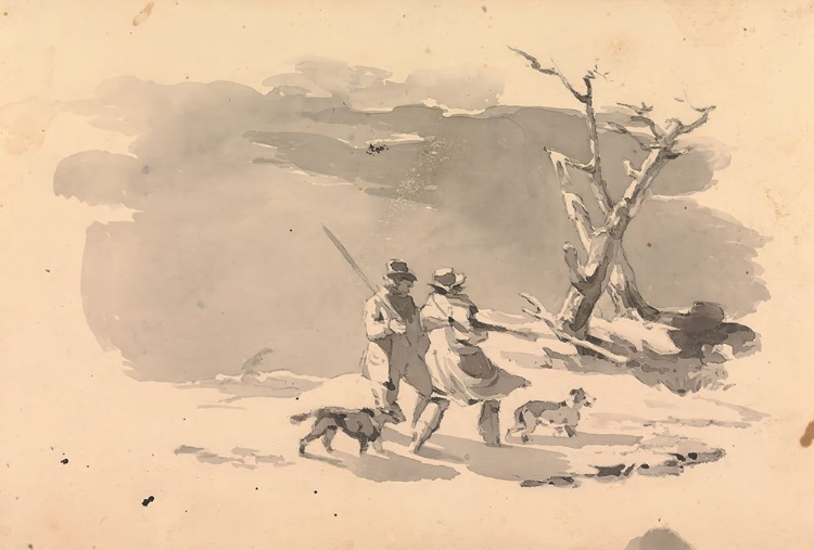 Picture of TWO HUNTERS AND TWO DOGS IN WINTER SCENE