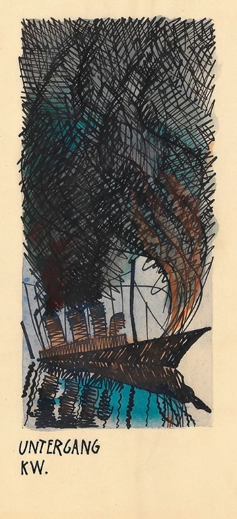Picture of UNTERGANG SCHIFF MIT VIER SCHLOTEN FEUER UND RAUCHWOLKE 1920
