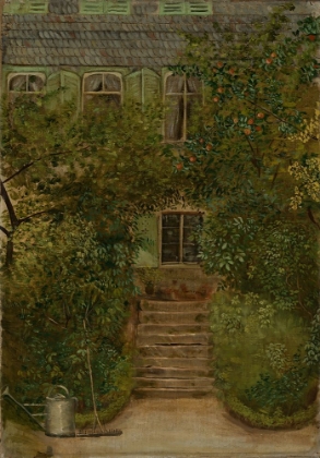 Picture of GARDEN OF A COUNTRY HOUSE WITH WATERING CAN AND RAKE 1890