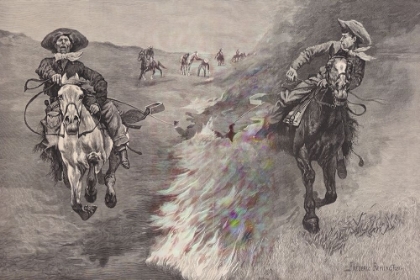 Picture of DRAGGING A BULLS HIDE OVER A PRAIRIE FIRE IN NORTHERN TEXAS 1888