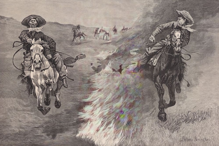 Picture of DRAGGING A BULLS HIDE OVER A PRAIRIE FIRE IN NORTHERN TEXAS 1888