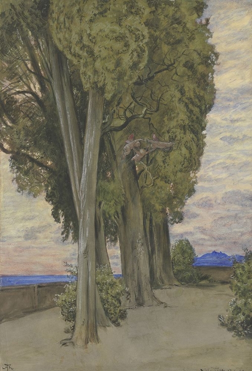 Picture of CYPRESSES IN THE VILLA DESTE, BELOW THE TREETOPS A DANCE OF THREE PUTTI 1880