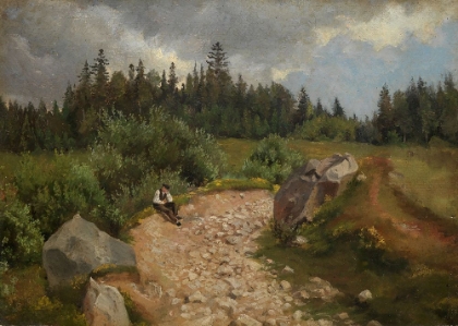 Picture of STONY PATH AT THE EDGE OF THE FOREST WITH A SITTING MAN 1860