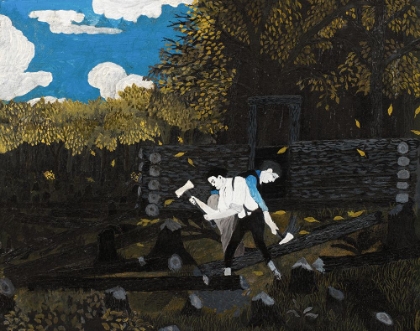 Picture of ABRAHAM LINCOLN AND HIS FATHER BUILDING THEIR CABIN ON PIGEON CREEK 1934