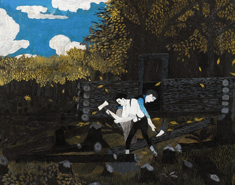 Picture of ABRAHAM LINCOLN AND HIS FATHER BUILDING THEIR CABIN ON PIGEON CREEK 1934