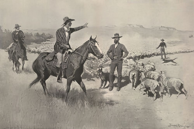 Picture of THE DROUGHT IN THE SOUTHWEST CATTLEMEN WARNING SHEEP HERDERS AWAY FROM THEIR WATER 1900