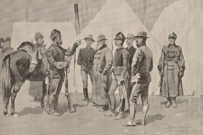 Picture of AT THE MOUTH OF RAPID CREEK GENERAL CARR RECEIVING THE REPORT OF A SCOUT 1892