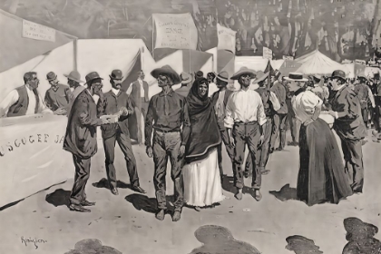 Picture of PAYING THE INDIANS FOR THE CHEROKEE STRIP SCENES AROUND THE GOVERNMENT PAYMASTERS QUARTERS 1896