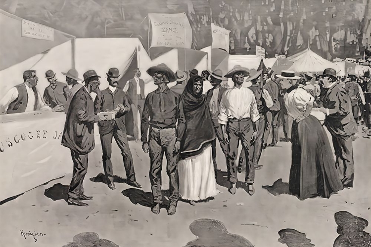 Picture of PAYING THE INDIANS FOR THE CHEROKEE STRIP SCENES AROUND THE GOVERNMENT PAYMASTERS QUARTERS 1896