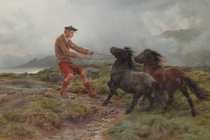 Picture of A GHILLIE AND TWO SHETLAND PONIES IN A MISTY LANDSCAPE