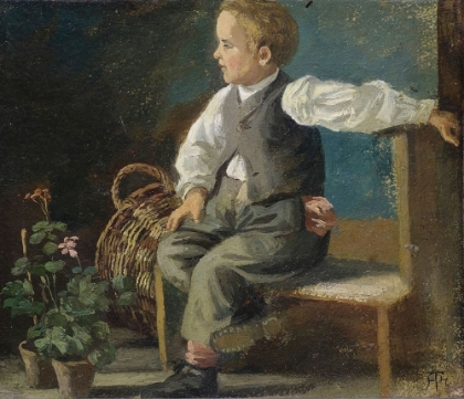 Picture of A YOUNG BOY ON A BENCH WITH FLOWER POTS AND A WICKER BASKET 1882