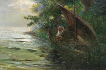 Picture of ON THE HUNT, CLERGYMAN IN A ROWING BOAT AMBUSHING DUCKS ON THE LAKESHORE, 1873