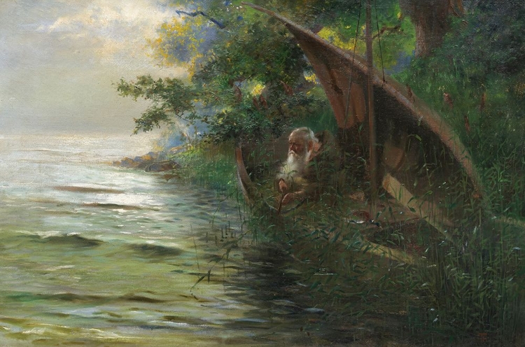 Picture of ON THE HUNT, CLERGYMAN IN A ROWING BOAT AMBUSHING DUCKS ON THE LAKESHORE, 1873