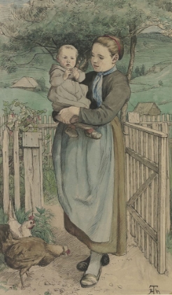 Picture of PEASANT GIRL WITH A CHILD IN HER ARMS STANDING AT A WOODEN LATTICE