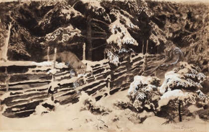 Picture of WINTER SCENE WITH HUNTER AND FOX BY FENCE 1898