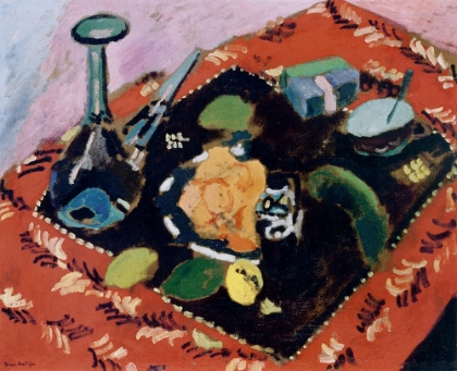 Picture of DISHES AND FRUIT ON A RED AND BLACK RUG 1906