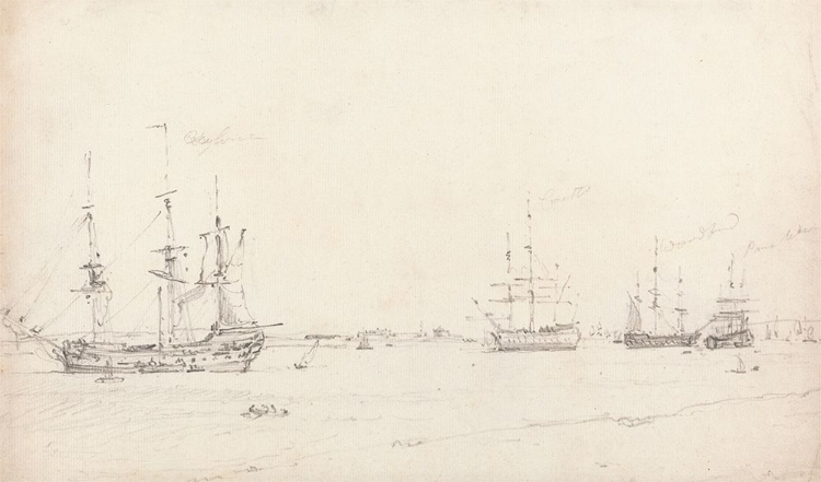 Picture of FOUR EAST INDIAMEN AT ANCHOR 1803