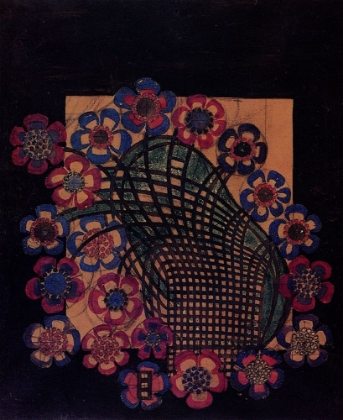 Picture of BLUE AND PINK TOBACCO FLOWERS ON A GREEN LATTICE