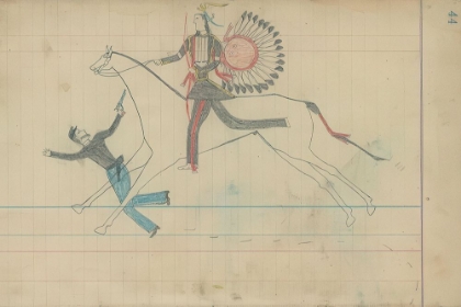 Picture of ARAPAHO WARRIOR RIDING DOWN A DISMOUNTED U.S SOLDIER CA 1880
