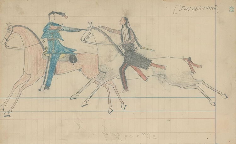 Picture of ARAPAHO WARRIOR FIGHTING A U.S SOLDIER ON HORSEBACK CA 1880