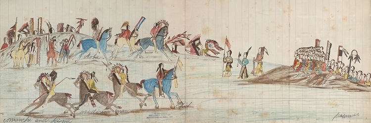 Picture of GROUP OF ALLIED KIOWA AND COMANCHE MEETING A BATTALION OF PAWNEE WARRIORS 1875