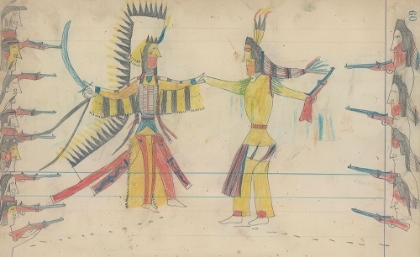 Picture of LEDGER DRAWING OF CHEYENNE WAR CHIEF MAKING A TRUCE WITH A CROW WAR CHIEF CA 1880