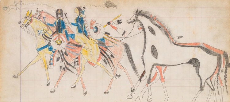 Picture of TWO NATIVE AMERICAN RIDERS LEADING HORSES