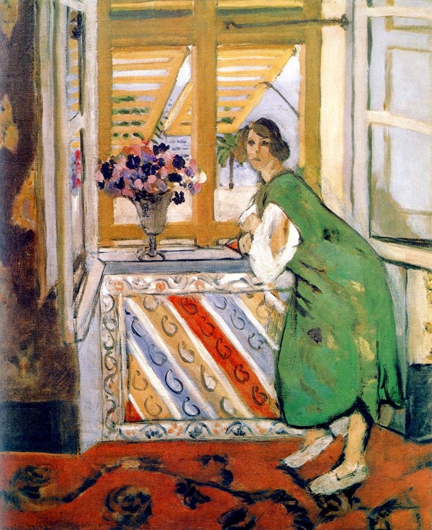 Picture of YOUNG WOMAN IN A GREEN DRESS LEANING ON A BALCONY 1921