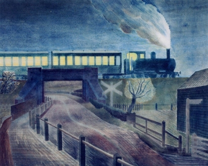 Picture of TRAIN GOING OVER A BRIDGE AT NIGHT 1935